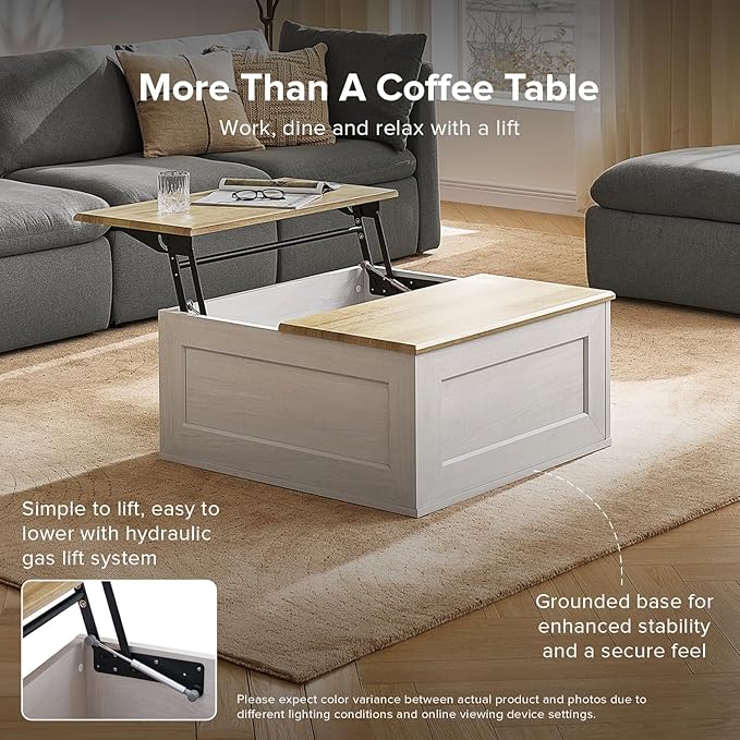 mopio Blake Lift Top Coffee Table with Storage, Modern Farmhouse Square Wood Center Coffee Table with Easy Lifting Top, Chamfered Edge & Soft Closing (White Oak)