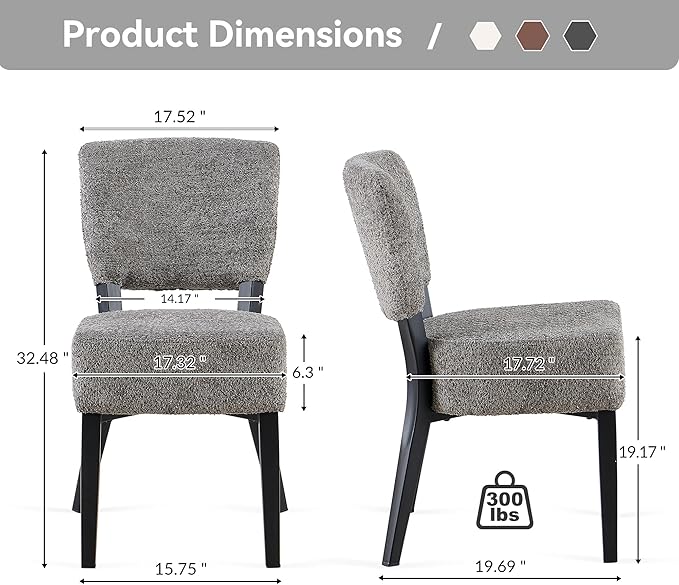 Howte Modern Dining Chairs Set of 2 with 6.3" Thick Seat Cushions, Space-Saving Stackable Upholstered Kitchen Chairs, Ergonomic Backrest & Black Metal Legs, Gray