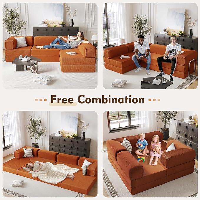 108" L Shaped Couch，Modular Sectional Sofa with Chaise，Cloud Sectional Couch with Deep Seat & Removable Pillow for Living Room,Bedroom,No Assembly Required（Brick Red）