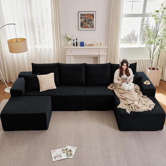 135" U-Shape Cloud Couch, Modern Modular Sectional Comfy L-Shape Sofa with Ottoman, Deep Seat, Upholstered Corduroy Sleeper Chaise Longue for Living Room Bedroom, No Assembly Required, Black