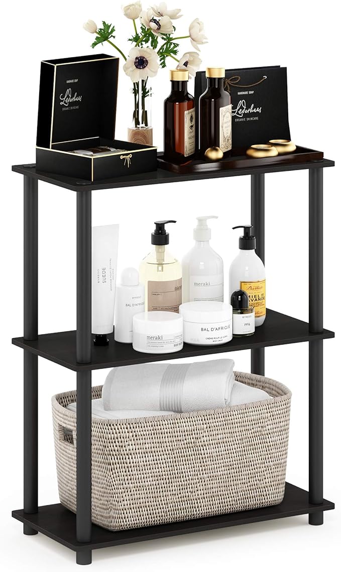 Furinno TURN-N-TUBE Storage Shelves, 3-Tier Book Shelf, Corner Shelf, Toolless Open Shelves, for Organization and Storage, Living Room, Garage, Home Office, Espresso