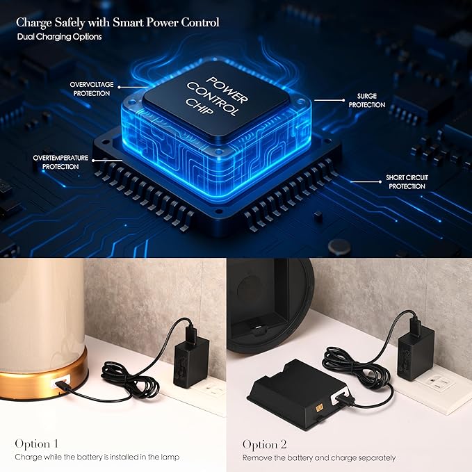 O’Bright Dune - Battery Powered Table Lamp, Rechargeable Cordless Ceramic Lamp, Full-Size 24 Inch Height, 4-Level Dimming, Smart Safety Protection, Type-C Fast Charging, LED Bulb Included, Cream White