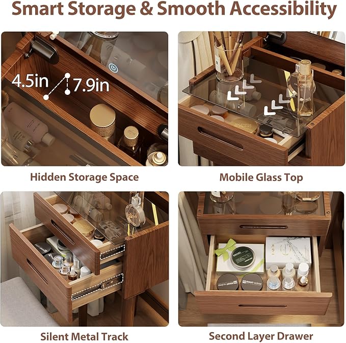 Solid Wood Small Vanity Desk with Mirror and Lights, Narrow Makeup Vanity for Small Space, Flip Top Vanity Side Table, 3 Color Modes & Adjustable Brightness, 15.7" Slim Dressing Table, Walnut
