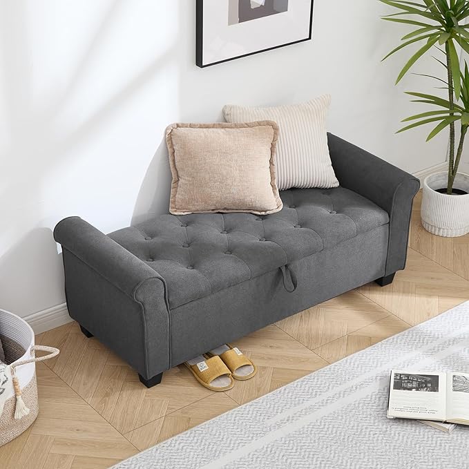 End of Bed Storage Bench for Bedroom, 49" Upholstered Storage Ottoman with Rolled Arms, Rivet Polyester Fabric Ottoman Bench for Bedroom, Living Room, Window, Entryway, Dark Gray