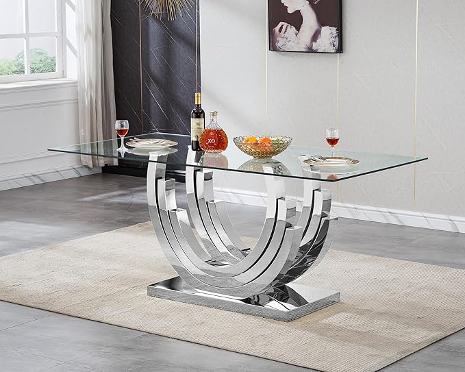 70 ''Glass Dining Table,Rectangle Glass Kitchen Table w/Tempered Glass Tabletop and Stainless Steel Base, Modern Glass Dining Room Table for Home, Kitchen, Dining Room