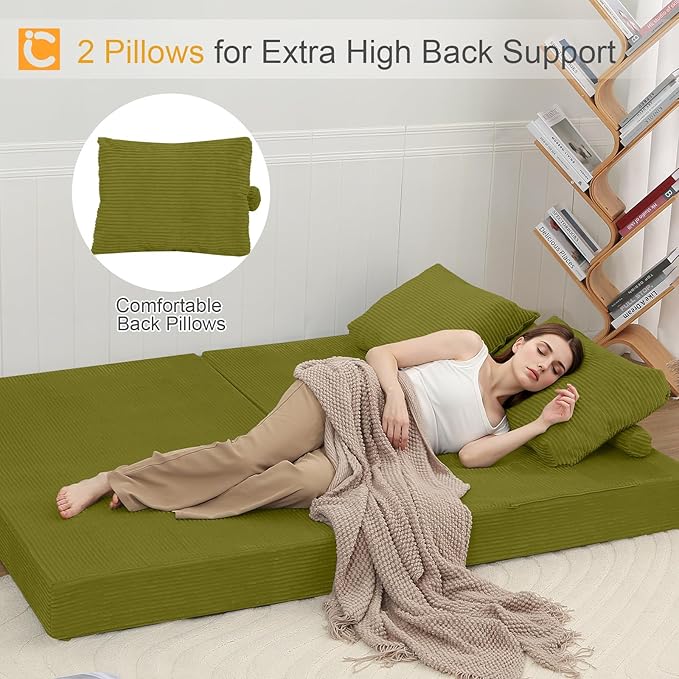 COMAX Convertible Sofa Bed, Folding Floor Couch Corduroy Fold Out Couch Bed Futon Sleeper Mattress with Pillows, Boneless Sofa Comfy Lounge Loveseat for Living Room Bedroom, Light Green
