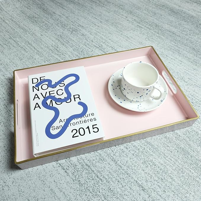 Spsyrine Pink Decorative Serving Tray with Handles, Elegant Plastic Coffee Table Tray for Ottoman, Living Room, Home Decor 15.6" X 10.2"