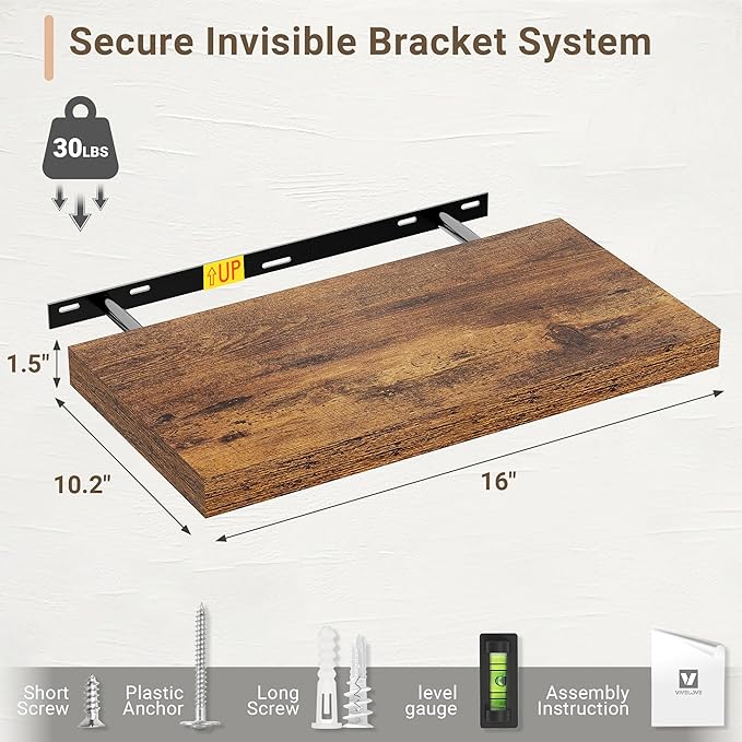 Vivelove 10 Inch Deep Floating Shelves 16 inch Long, 16 x 10 Wide Wall Shelves with Invisible Brackets, for Bedroom Bathroom Living Room Kitchen Office, Farmhouse Home Decor, Set of 2, Rustic Brown