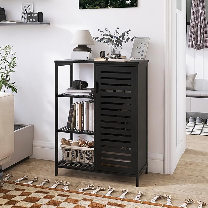 HITNET Black Bathroom Cabinet, Freestanding Storage Cabinet Bamboo Kitchen Floor Cupboard with Door and Shelf, Space Saving Side Storage Organizer for Living Room Bedroom Home Office