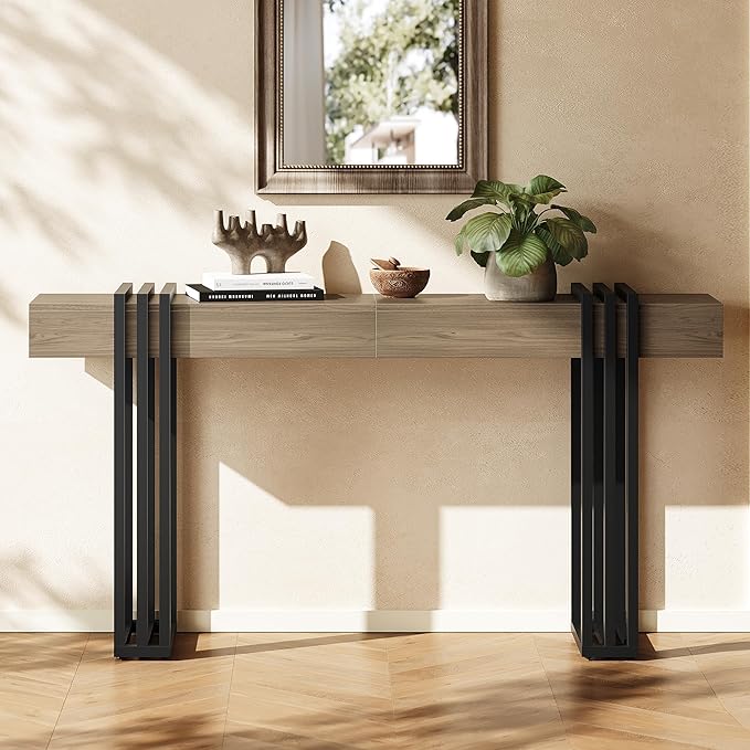 63" Long Console Table for Entryway - Behind Couch Table for Living Room, Wood Sofa Tables with Black Parallel Metal Frame & Power Outlet for Hallway, Entrance, Narrow Foyer, Light Walnut