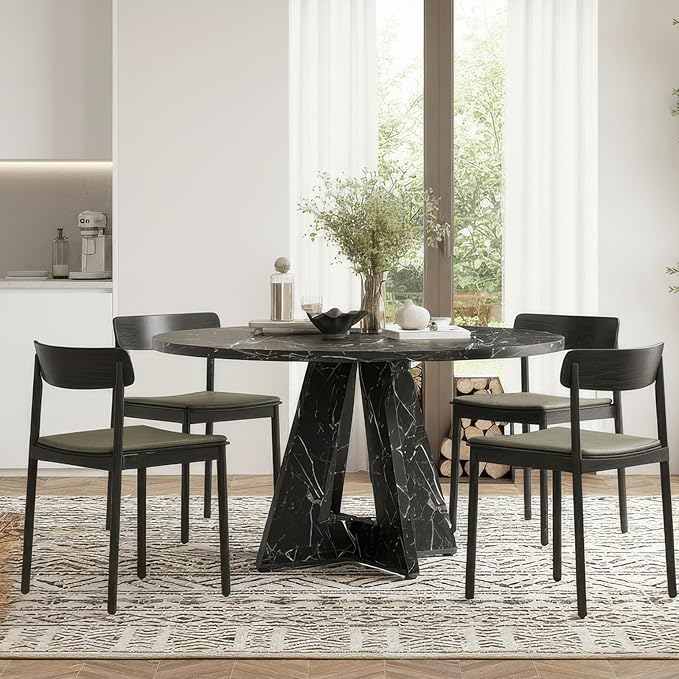 Farini 47" Round Dining Table for 4-6,Modern Kitchen Room Table with Wood Top & Sturdy Metal Base,Large Round Dinner Table for Dining Room,Black