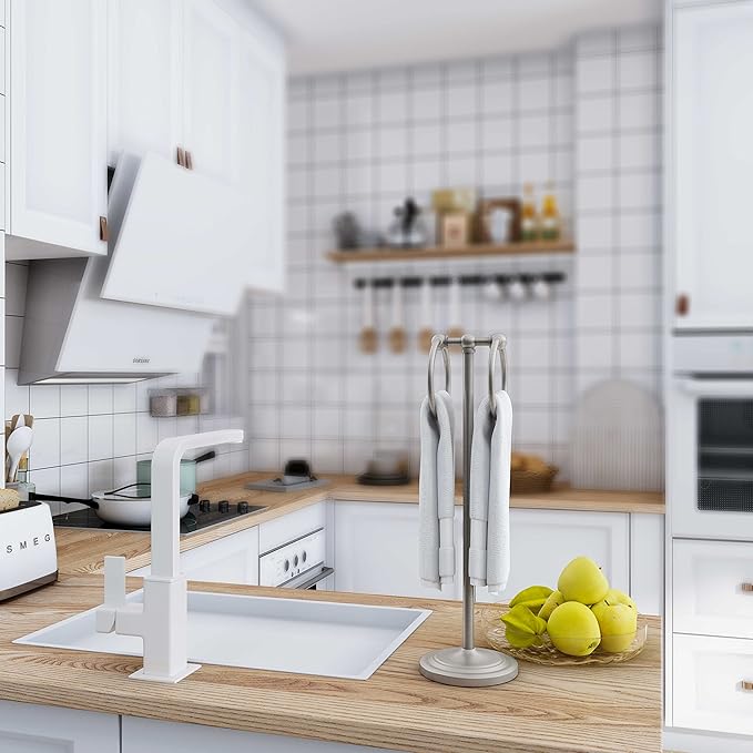 BGL Fingertip Towel Holder Stand Hand Towel Ring for Bathroom or Kitchen Vanity Countertops to Store Hand Towels Washcloths or dishcloths - 2 Hanging Rings，19" High-Brushed Nickel