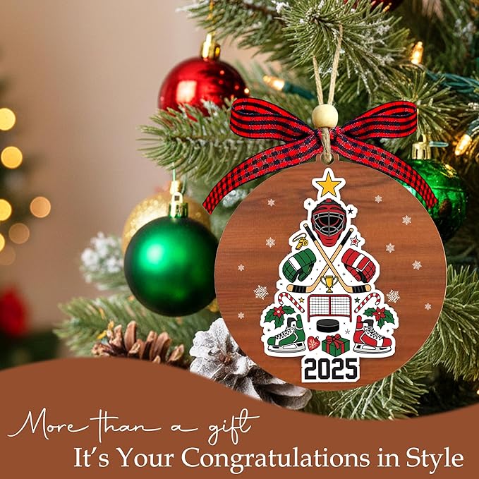 Ice Hockey Christmas Ornament 2025- Ice Hockey Gifts for Players, Family, Friends, Sport Lovers, Coaches - 2 Layer Wooden Hockey Ornaments for Christmas Tree - Sports Wood Hanging Decor Ornaments