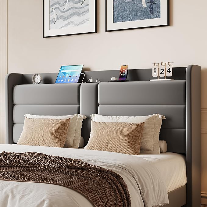 SHA CERLIN King Size Bed Frame with Charging Station & Storage Headboard, Velvet Platform Bed with Upholstered Modern Wingback Design, Wooden Slats Support, No Box Spring Needed, Easy Assembly, Grey