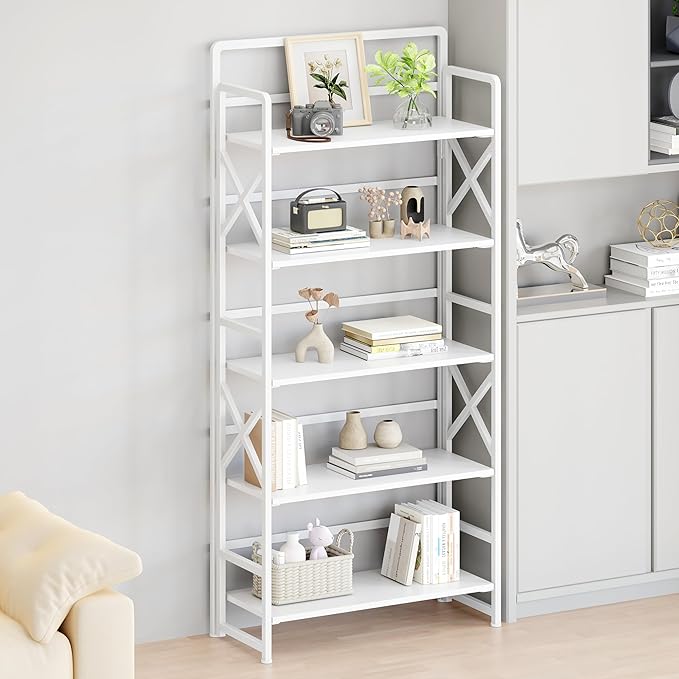 No Assembly Folding Bookshelf, 5 Tiers Vintage Wood Collapsible Book Shelf for Storage,Industrial Metal Foldable Bookcase Organizer for Living Room Bedroom Home Office (White)