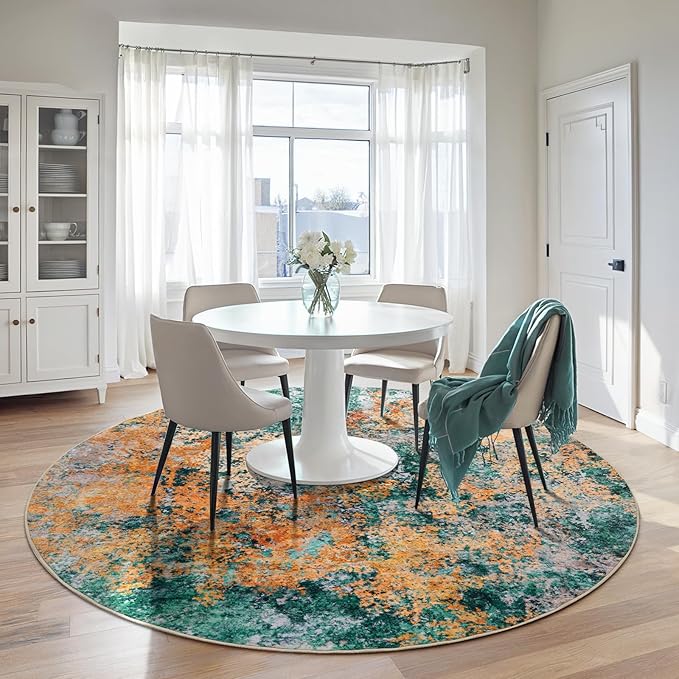 6ft Round Area Rug for Living Room- 6x6 Washable Neutral Abstract Rug for Bedroom Modern Soft Dining Room Rug No Slip Low Pile Carpet for Nursery Home Office Decor - Teal/Orange