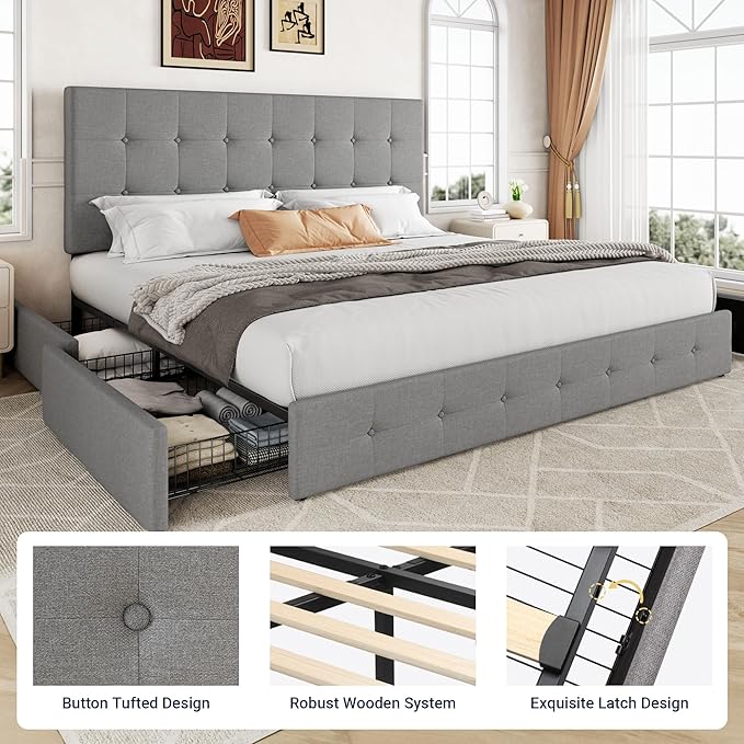 Allewie Upholstered King Size Platform Bed Frame with 4 Storage Drawers and Headboard, Square Stitched Button Tufted, Mattress Foundation with Wooden Slats Support, No Box Spring Needed, Light Grey