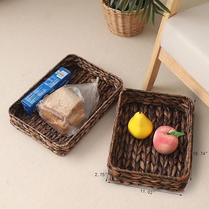 Water Hyacinth Woven Serving Tray Rectangular Hand-Woven Wicker Storage Trays for Coffee/Breakfast/Dessert/Fruit/Bread (Brown-Large)