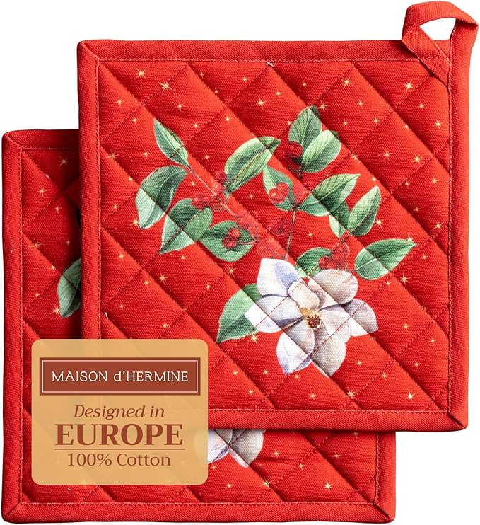 Maison d' Hermine Pot Holders Set 100% Cotton Heat Resistant Potholders 8" x 8" Hot Pads with Loop for Thanksgiving Christmas Decorations BBQ Cooking Baking Handling Hot Pans (Pack of 2, Noel)