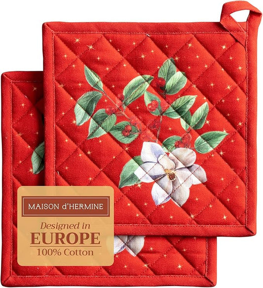 Maison d' Hermine Pot Holders Set 100% Cotton Heat Resistant Potholders 8" x 8" Hot Pads with Loop for Thanksgiving Christmas Decorations BBQ Cooking Baking Handling Hot Pans (Pack of 2, Noel)