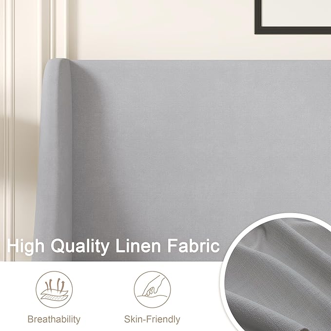 VECELO Full Bed Frame with Upholstered Wingback Headboard, Heavy-Duty Platform Bedframe with Charging Station, Wooden Slats, No Box Spring Needed, Light Grey