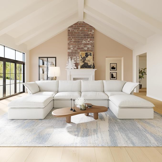 Cloud Modular Sectional Sofa,165.2" Down Filled U Shaped Sofa Couch for Living Room,Minimalist Wide Deep Seat Convertible Couches,Sofa Covers Washable&Replaceable (4 Seater and 2 Ottoman,White)