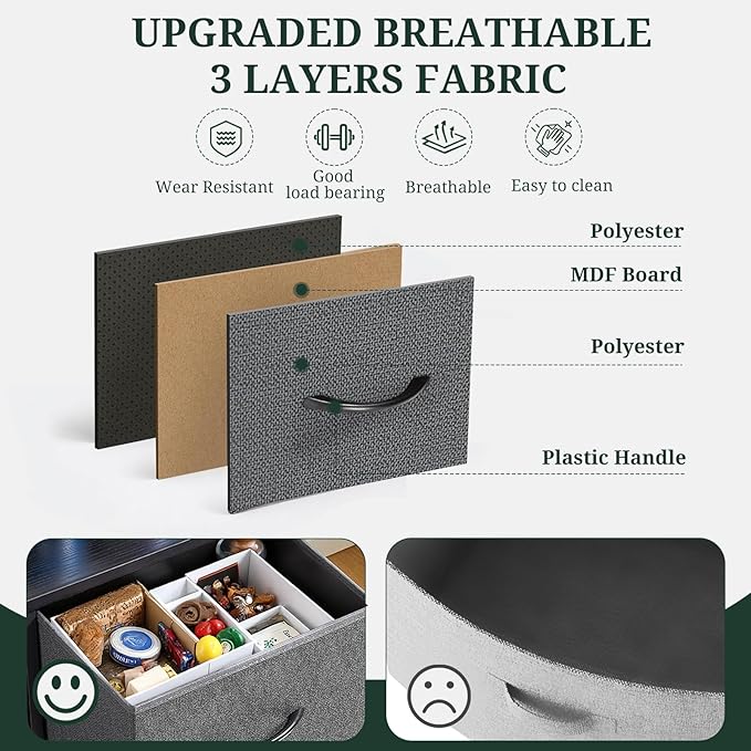 Nightstand, 4 Drawer Dresser End Table Bedside Furniture with Wooden Top Steel Frame Fabric Bins for Bedroom, Closet, Entryway, Dorm, Living Room, Gray