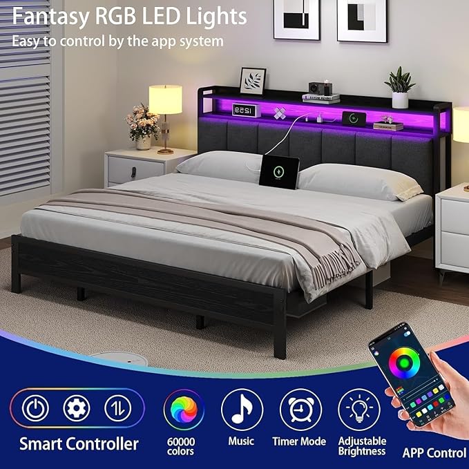 King Bed Frame with LED Lights and Charging Station, Metal Platform Bed Frame King with Upholstered Storage Headboard, Heavy Duty Metal Slats, No Box Spring Needed, Easy Assembly, Dark Grey