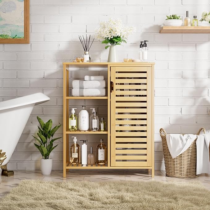 HITNET Bathroom Floor Cabinet, Bamboo Storage Cabinet with Door and 3 Open Shelves, Freestanding Side Kitchen Cupboard Organizer, Natural