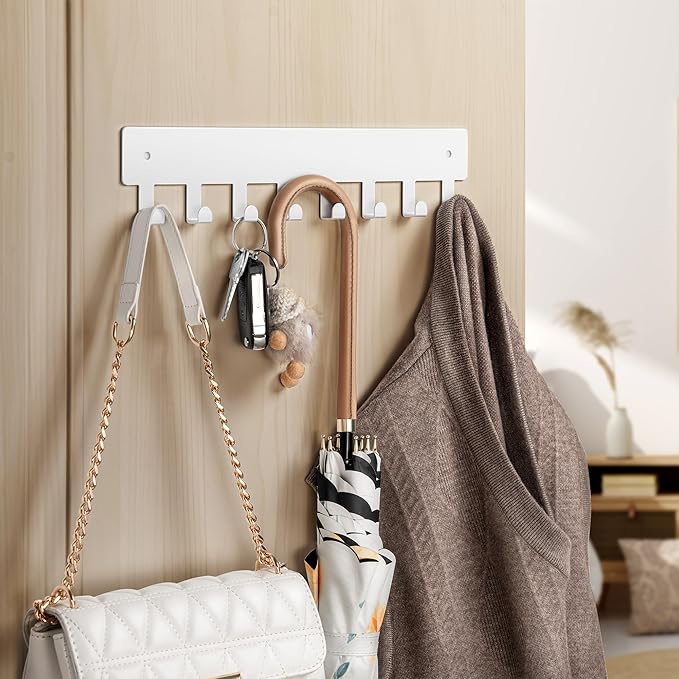 pickpiff Key Holder Wall Mount, Adhesive Key Rack with 8 Hooks Hanger for Car Key Ring, Metal Key Chain Organizer, White 1 Pack