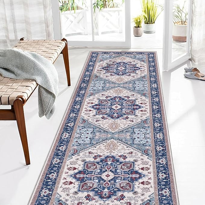 OPPODREAM Thin Entryway Rug 2x8, 2x8 Rug Runner, Washable Hallways Carpet 2 x 8 with Non Slip Backing, Low-Pile Bedside Carpet 2 x 8, Long, Faux Cashmere, Navy Blue & Red & Cream