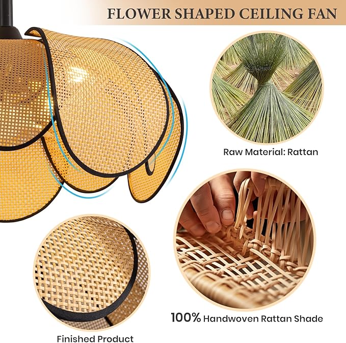 Rattan Fandelier Ceiling Fans with Lights,Boho Black Chandelier Ceiling Fan with Light Remote,Flush Mount Chandelier Ceiling Fan with 6 Speeds Fandelier for Bedroom, Living Room,Kitchen,26inch