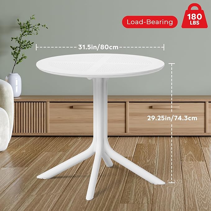 Costaelm Small Patio Table, Outdoor Round Dining Table, Weather Resistant Outside Table for Poolside Deck Lawn Garden Backyard, White