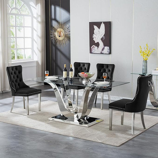 70" Modern Silver Glass Dining Table Set for 4, 5-Piece Rectangle Kitchen Dining Room Table Set with Steel Base & 4 Black Velvet Upholstered Chairs, Modern Glass Kitchen Table and Chairs Set of 4