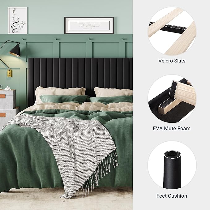 Allewie Full Bed Frame, Velvet Upholstered Platform Bed with Vertical Channel Tufted Headboard, Mattress Foundation with Strong Wooden Slats, Box Spring Optional, Easy Assembly, Black