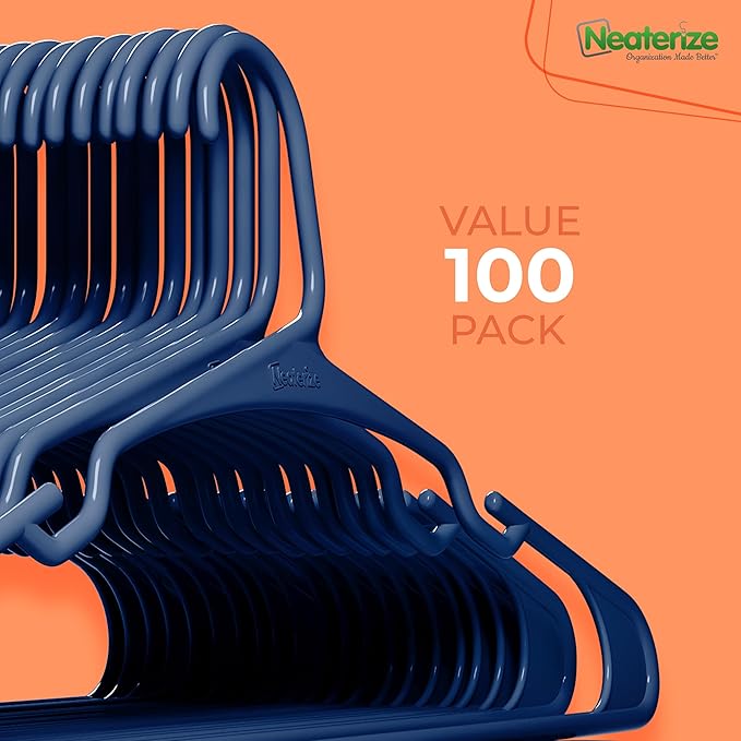 NEATERIZE Clothes Hangers Plastic 100 Pack for Adults - Plastic Hangers, The Perfect Coat Hanger and Space Saving Clothes Hangers for Closet, Percheros Ganchos para Colgar Ropa Hangars - Navy Hangers