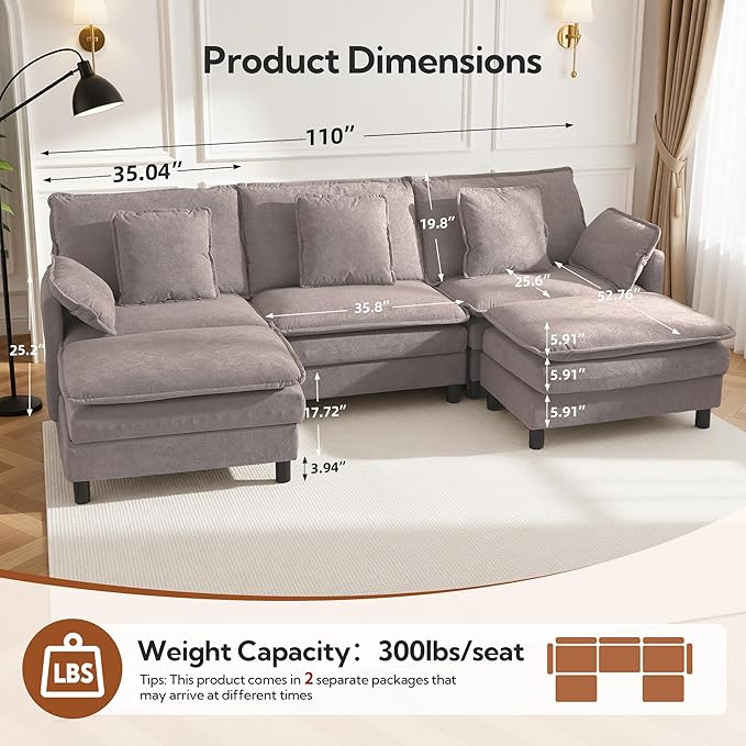 Claiks 110" Modular Sectional Sofa, Cloud Couch with Ottoman, U-Shaped 5-Seater Sofa in Chenille Fabric, Deep Seat Comfy Couch with Pillows for Living Room & Offices, Light Gray