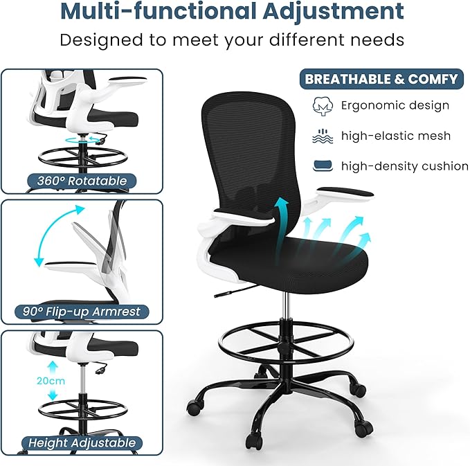 Drafting Chair, Tall Office Chair with Flip-up Armrests Executive Ergonomic Computer Standing Desk Chair, Office Drafting Chair with Lumbar Support and Adjustable Footrest Ring