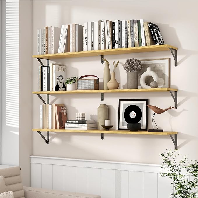 Axeman 48 Inch Floating Shelves | 8 Inch Deep Oak Wall Shelves Set of 2 | 47.3W x 8D Rustic Wood Shelves for Bookshelf Living Room Bedroom Home Office Bathroom