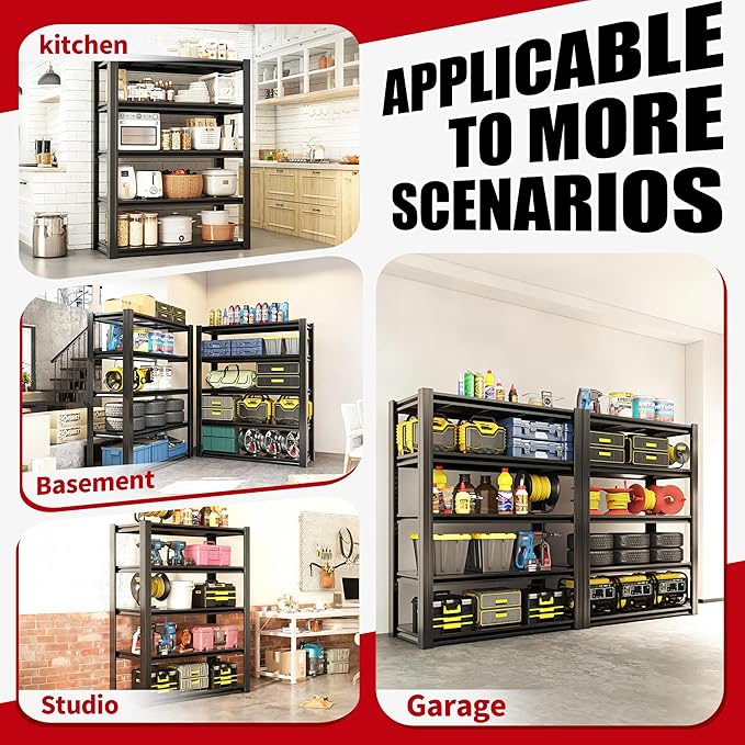 63" H Heavy Duty Garage Shelving, Metal Storage Shelves, Adjustable 5 Tier Metal Shelving Unit, Industrial Utility Rack for Garage, Warehouse, Workshop, 16" D×31.5" W×63" H, Black