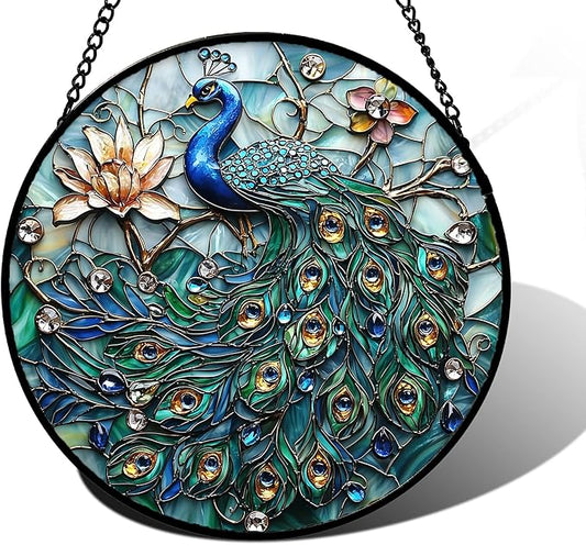 Stained Glass Window Hanging, Blue Peacock Decoration Suncatcher for Door Garden Home Flower Bird Sun Catchers Christmas Mother's Day Birthday Gifts for Women Men Mom Nana Friend 9.8 in