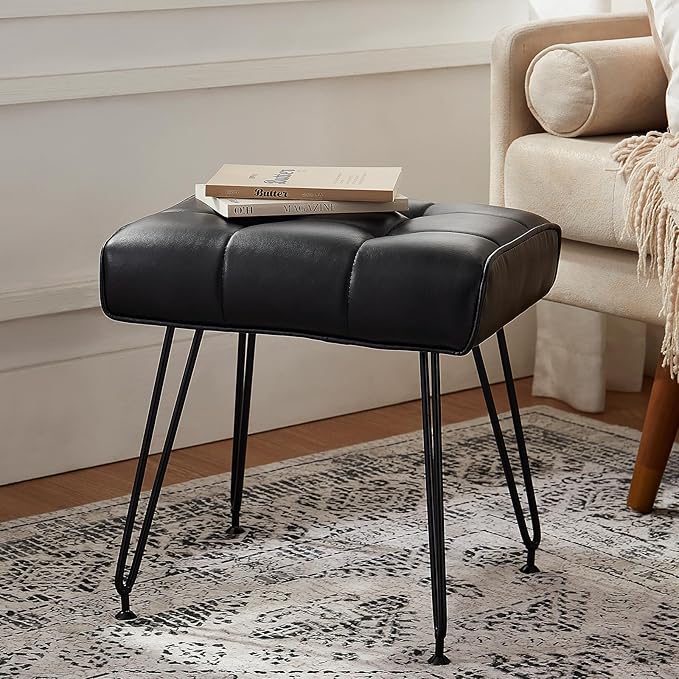 PU Leather Vanity Stools, Vanity Stool Chairs for Makeup Faux Leather Foot Stools Ottoman with Metal Leg Make up Chairs for Vanity Small Bench Seat for Living Room Bedroom (Black)