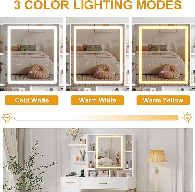 IDEALHOUSE Vanity Desk with Mirror and Lights, 42.5" Makeup Vanity Set with Stool, Makeup Table with Mirror Cabinet and Chair, Drawers & Shelves, Dressing Table with Outlet for Bedroom, White