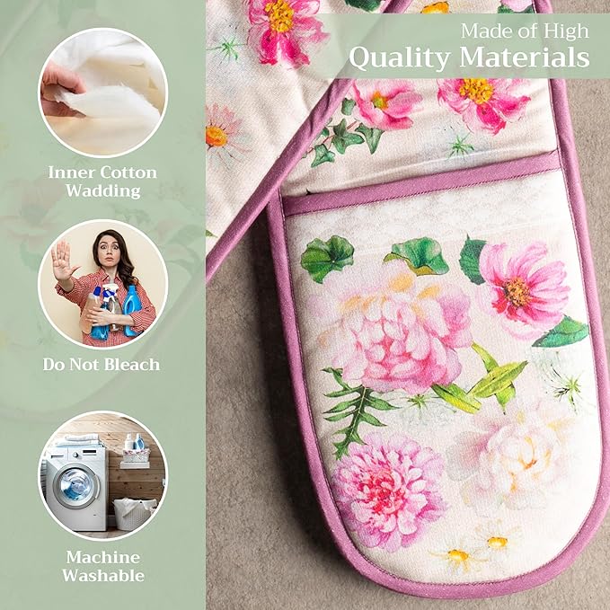 Maison d' Hermine Pivoine 100% Cotton Easter Double Oven Glove with Loop Heat Resistant for BBQ | Cooking | Baking | Grilling | Microwave | Barbecue | Spring/Summer (7.5 Inch by 35 Inch)