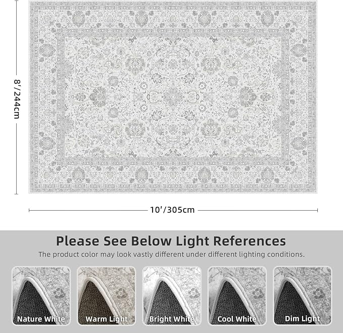 Neutral Area Rugs 8x10 for Living Room Vintage Rug Boho Floral Modern Washable Area Rug with Non-Slip Backing Large Carpet for Bedroom Dining Room Light Grey