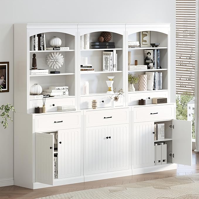 Tall Cabinet with 2 Drawers and Doors, Multi-Functional Storage Unit/Bookcase, Kitchen Cabinets, Pantry Cupboard for Living Room/Home Office/Bathroom, White