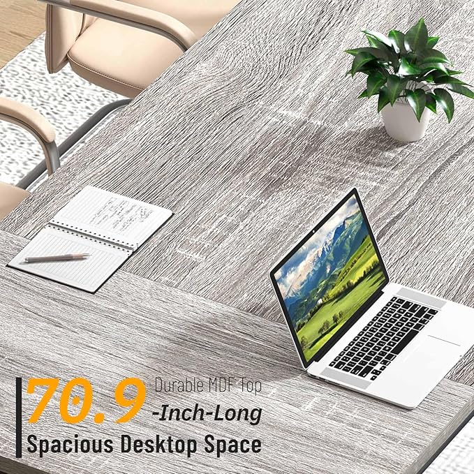 FOLUBAN 70.9" Industrial Computer Desk with Z-Shaped Legs, Modern Home Office Desk for 2 Person, Large Gaming Executive Workstation Study Table for Bedroom Writing, Light Grey