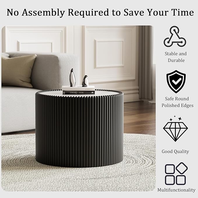 Round Coffee Table Set with Sintered Stone Tabletop, 29.52" Black Drum Center Table and 17.71" Black Coffee Table Set, 2 Pieces Living Room Table Set with Fluted PU Leather Cover& Stable Base