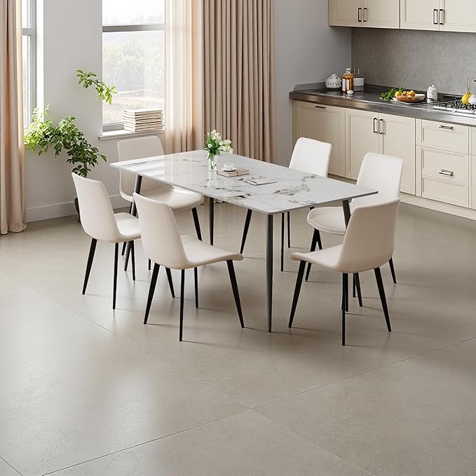 Dining Chairs with Comfortable Backrest and Sturdy Metal Legs, Modern Upholstered PU Leather Kitchen & Office Chairs for Dining Room, Restaurant Or Living Room (White, 4-Set)