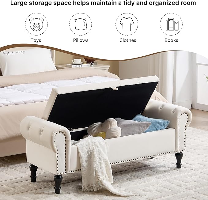 Storage Bench for Bedroom, 51" Upholstered End of Bed Bench, Velvet Queen Size Benches with Rolled Arms, Tufted Button Storage Long Ottoman, Living Room, Entryway, Beige